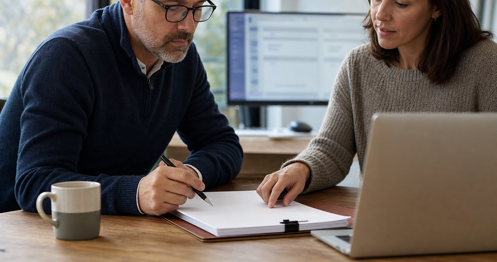 Business owner reviewing blank AI-assisted proposal pages with a teammate before sending