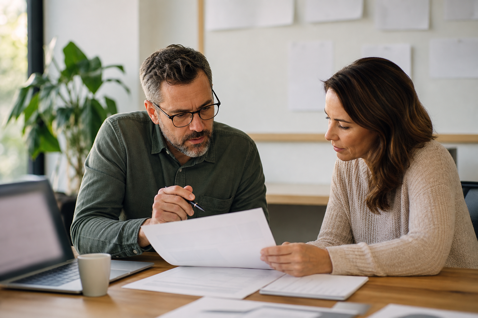 Business owner reviewing an AI-prepared draft with an operations coordinator before customer-facing work is approved
