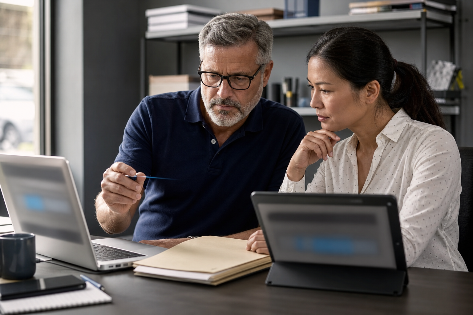 Manager reviewing an AI-prepared draft with a colleague before customer-facing work is sent