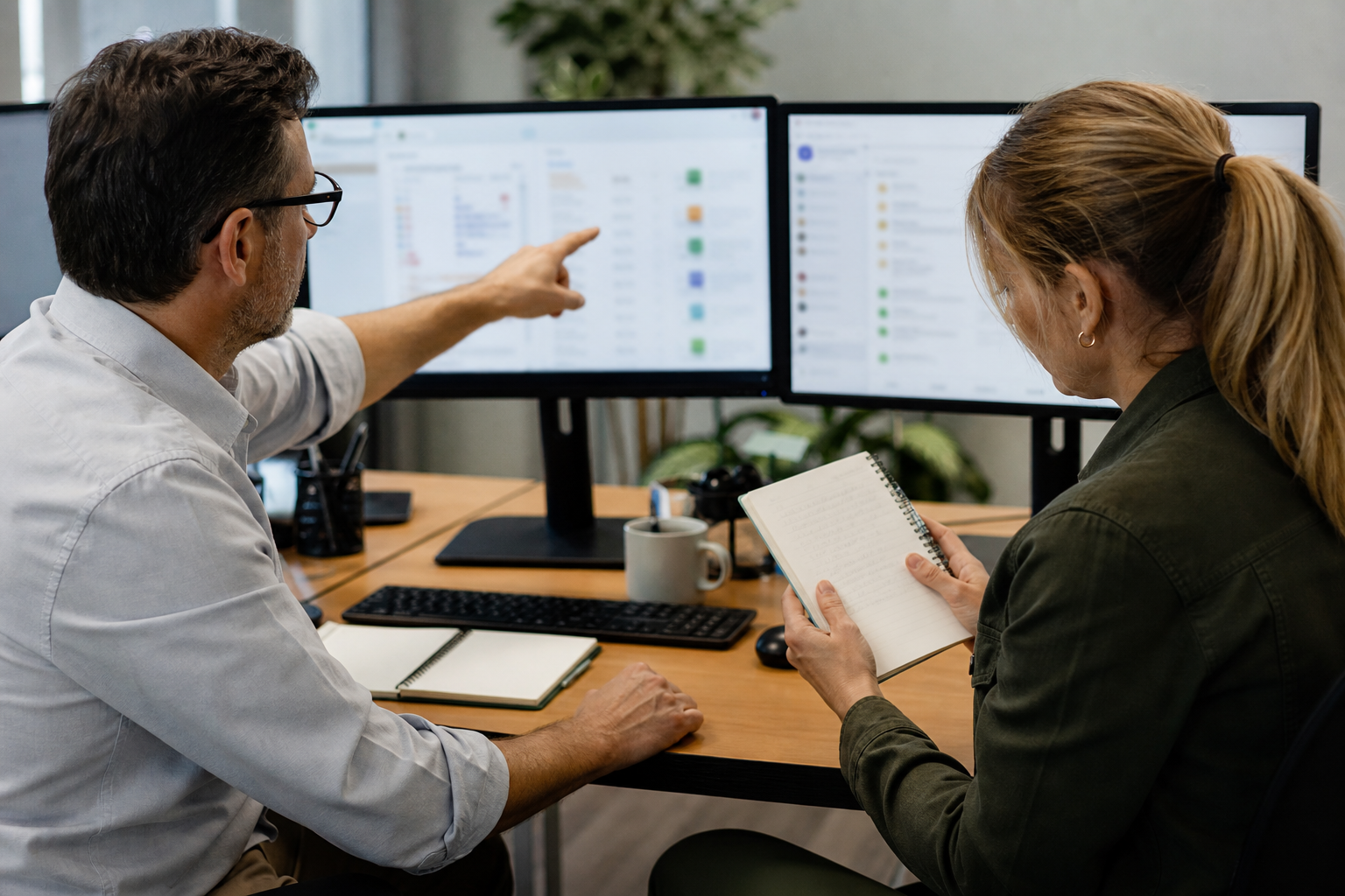 Operations lead reviewing an AI-assisted task queue with human review checkpoints