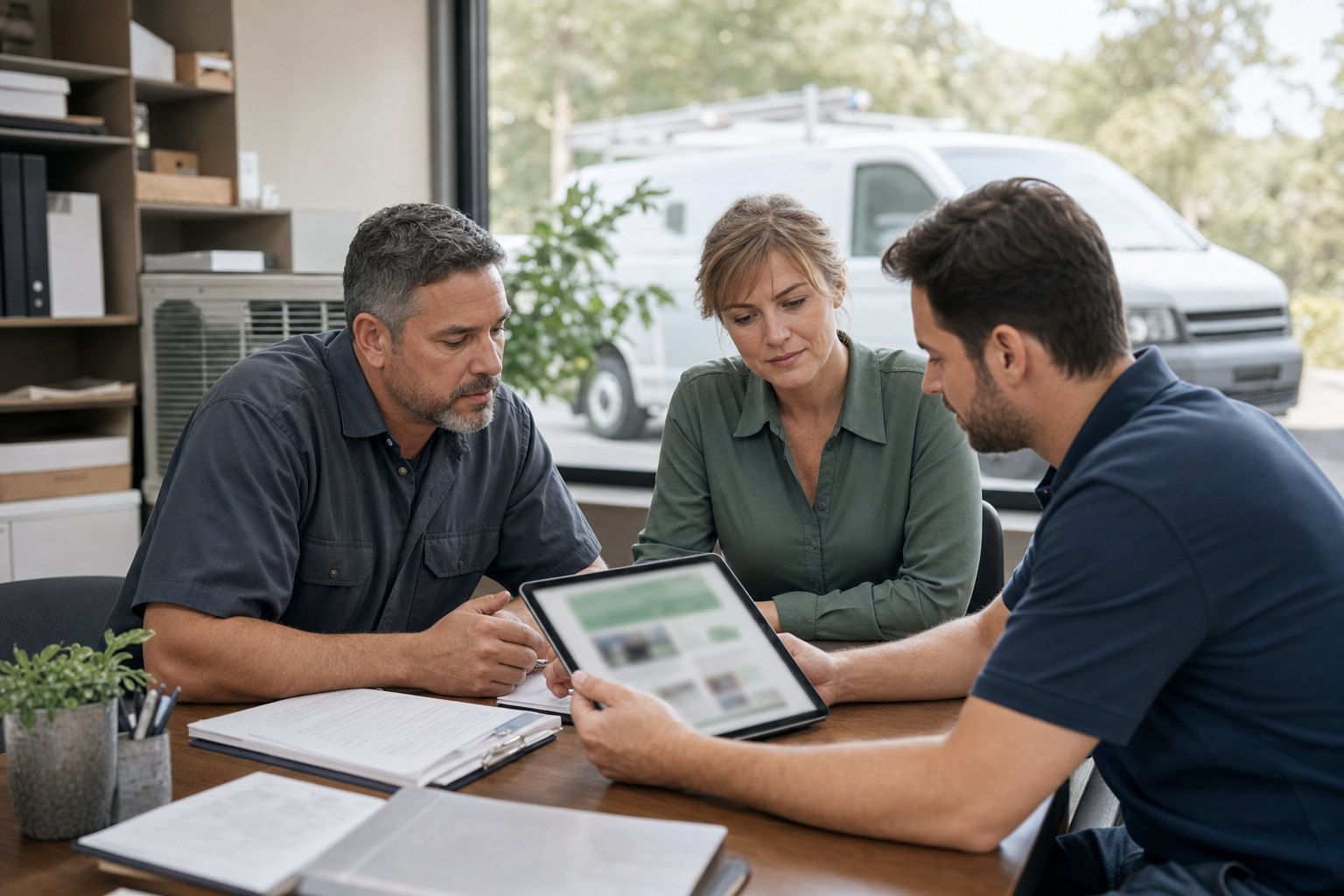Small HVAC business owner and office manager reviewing customer questions and service page improvements for AI search visibility