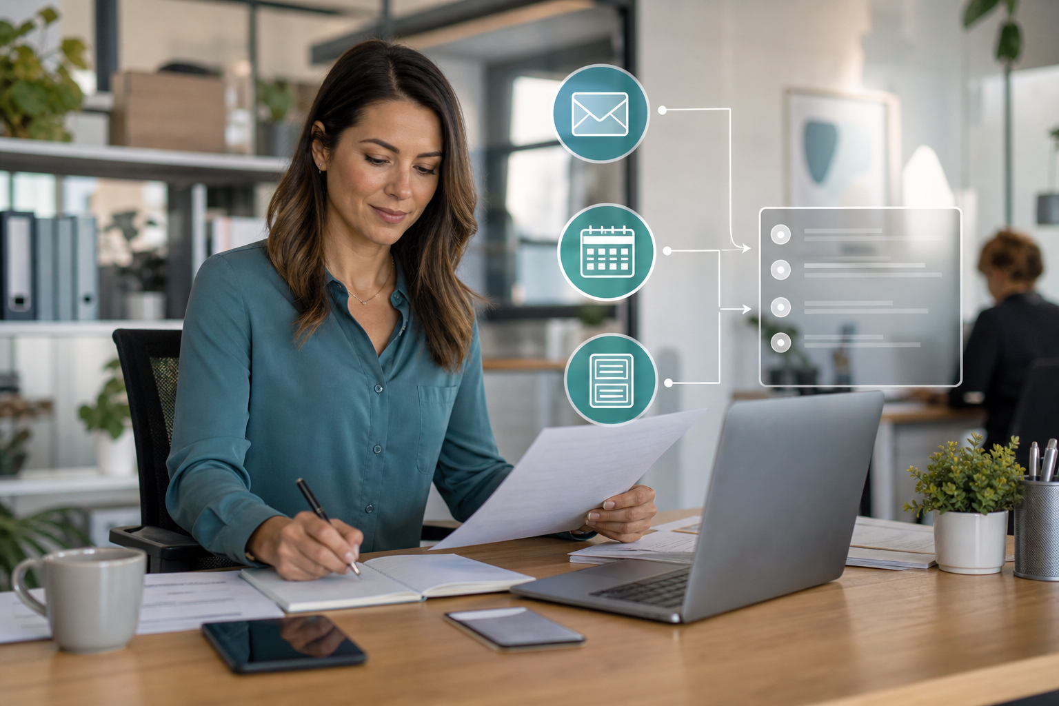 Small business coordinator organizing client intake signals from blurred email form and calendar sources