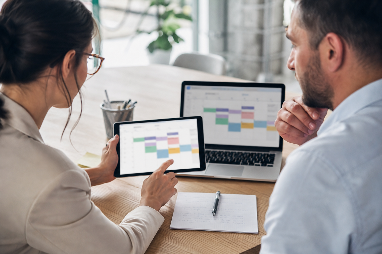 Small business HR coordinator and team lead coordinating interview schedules on blurred calendar screens