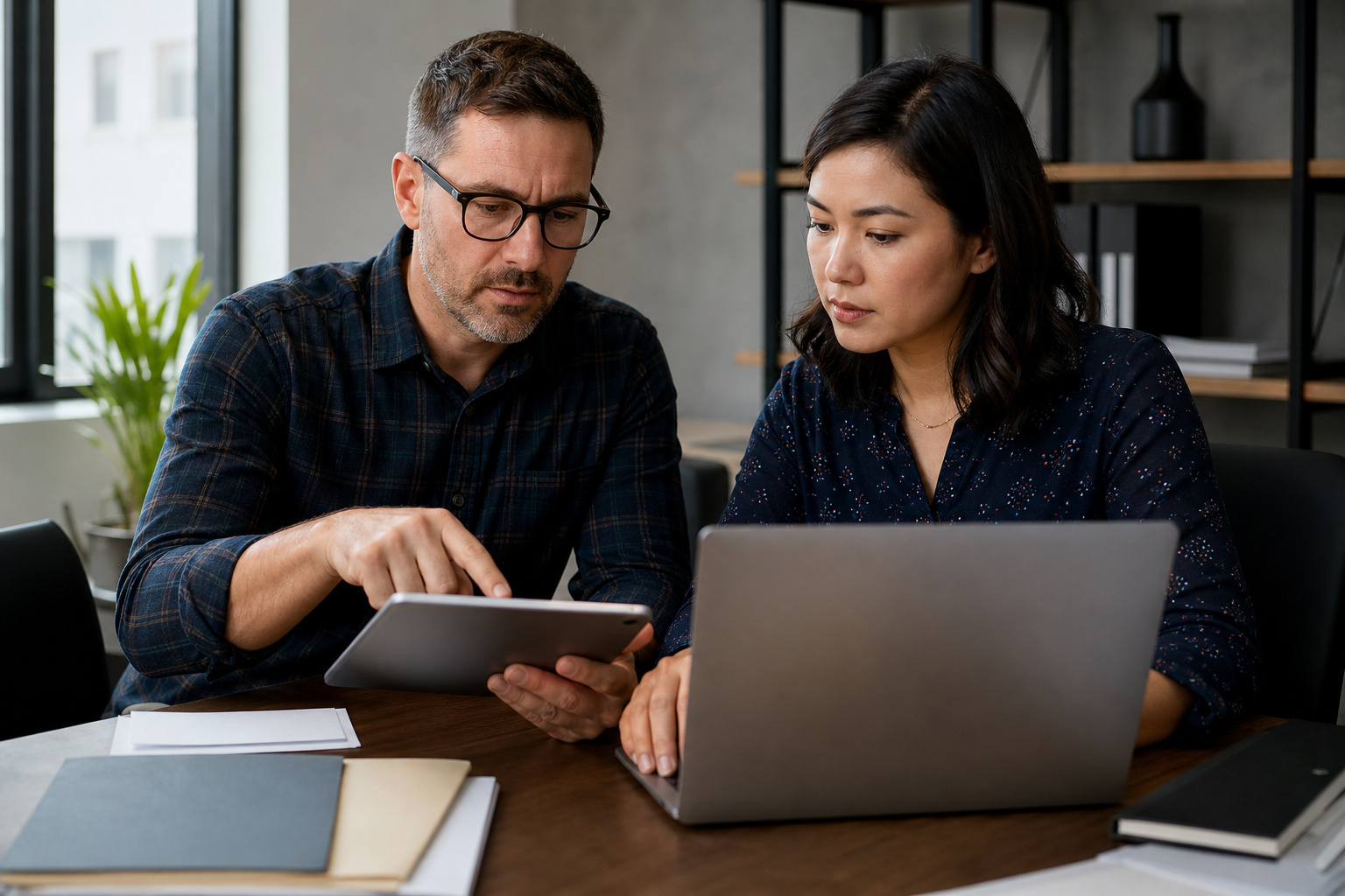 Small business owner reviewing an invoice approval exception with a bookkeeper before payment