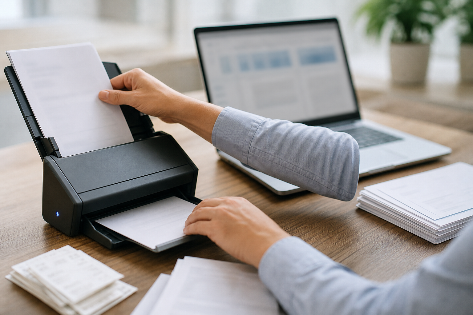 Small business finance assistant scanning unreadable supplier invoices into an organized digital workflow