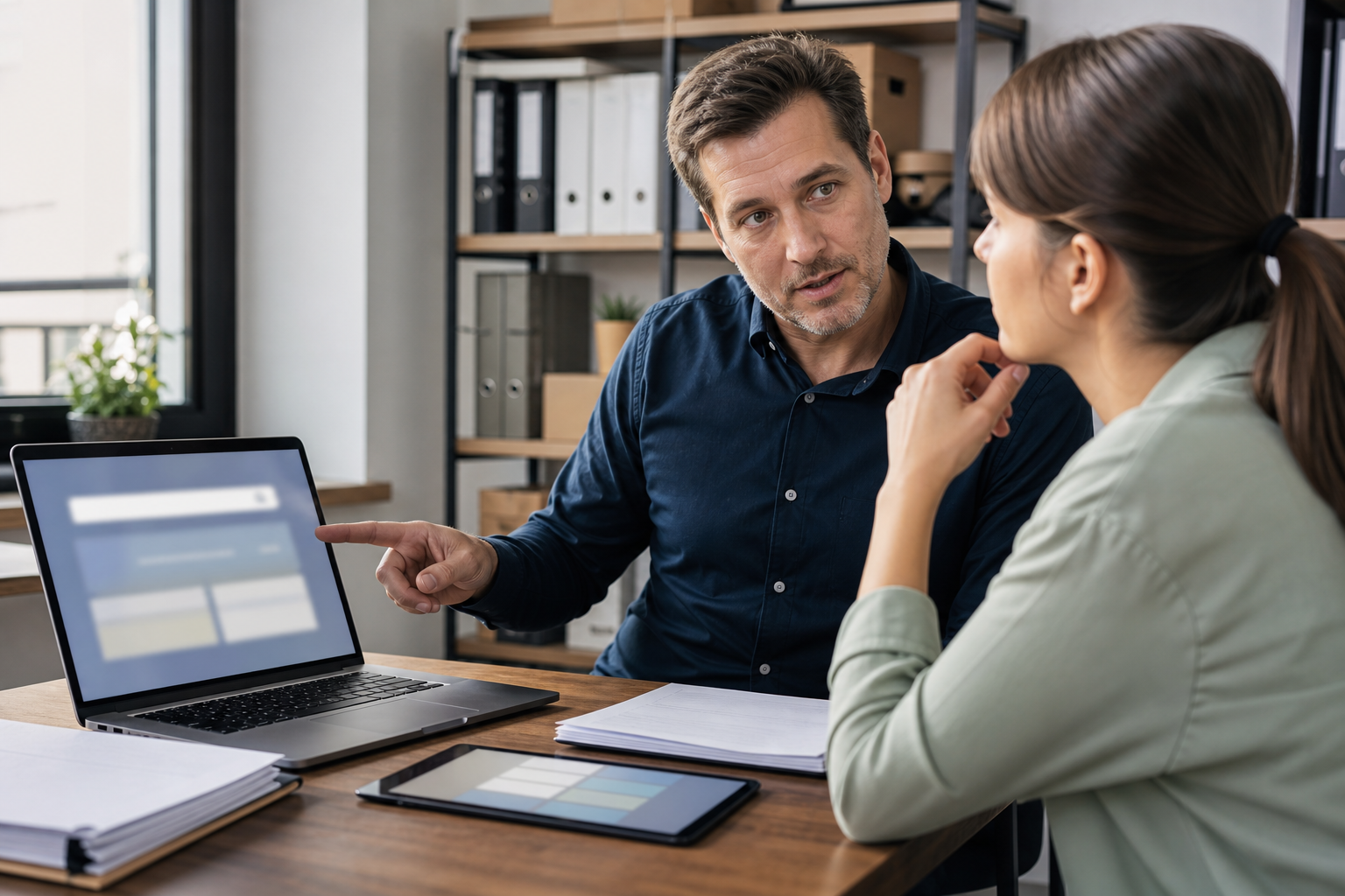 Business owner and team member discussing an AI-powered internal knowledge assistant with unreadable screen content