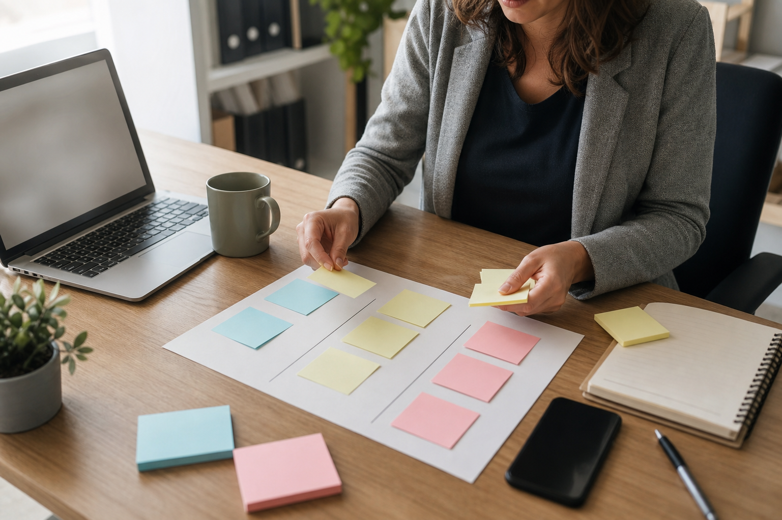 Small business sales coordinator sorting new inquiries into priority groups using blank workflow notes
