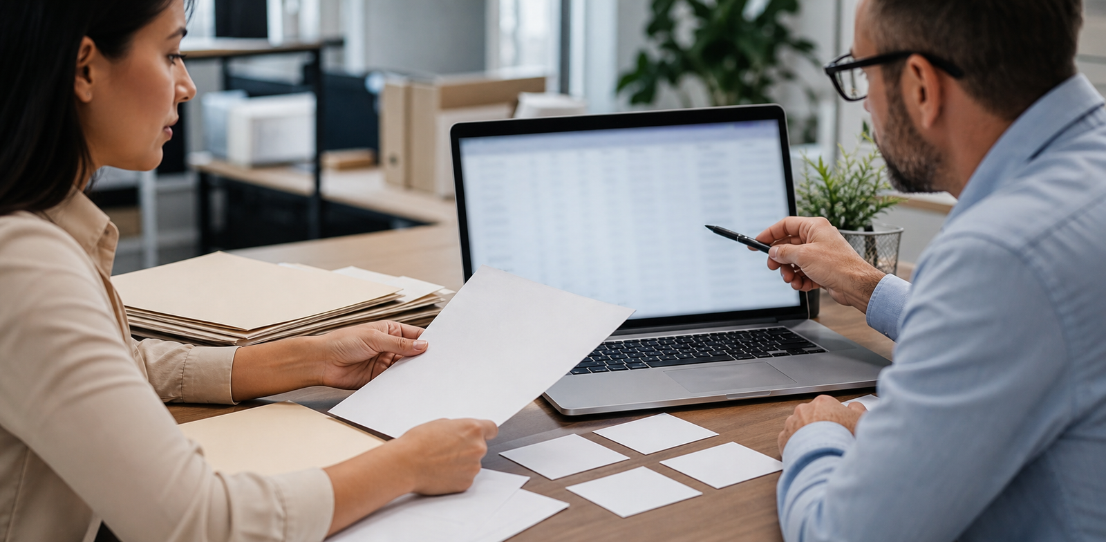 Local service business owner and manager reviewing blank cards and a blurred dashboard