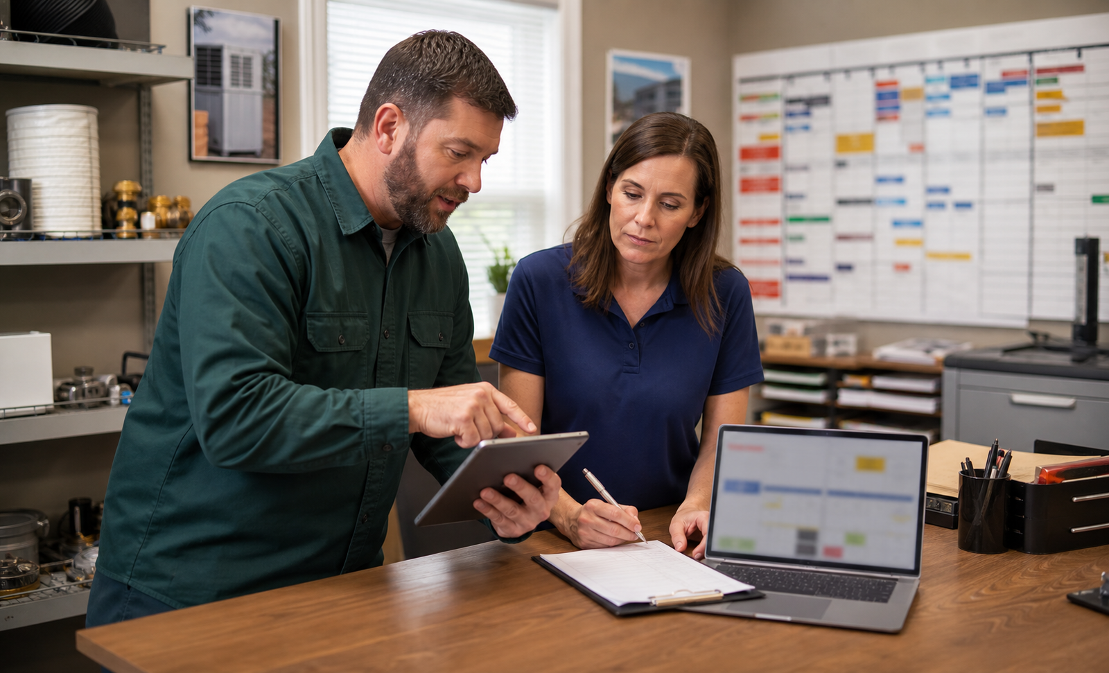 Local service business owner and office manager reviewing customer questions for AI Overview and featured snippet visibility