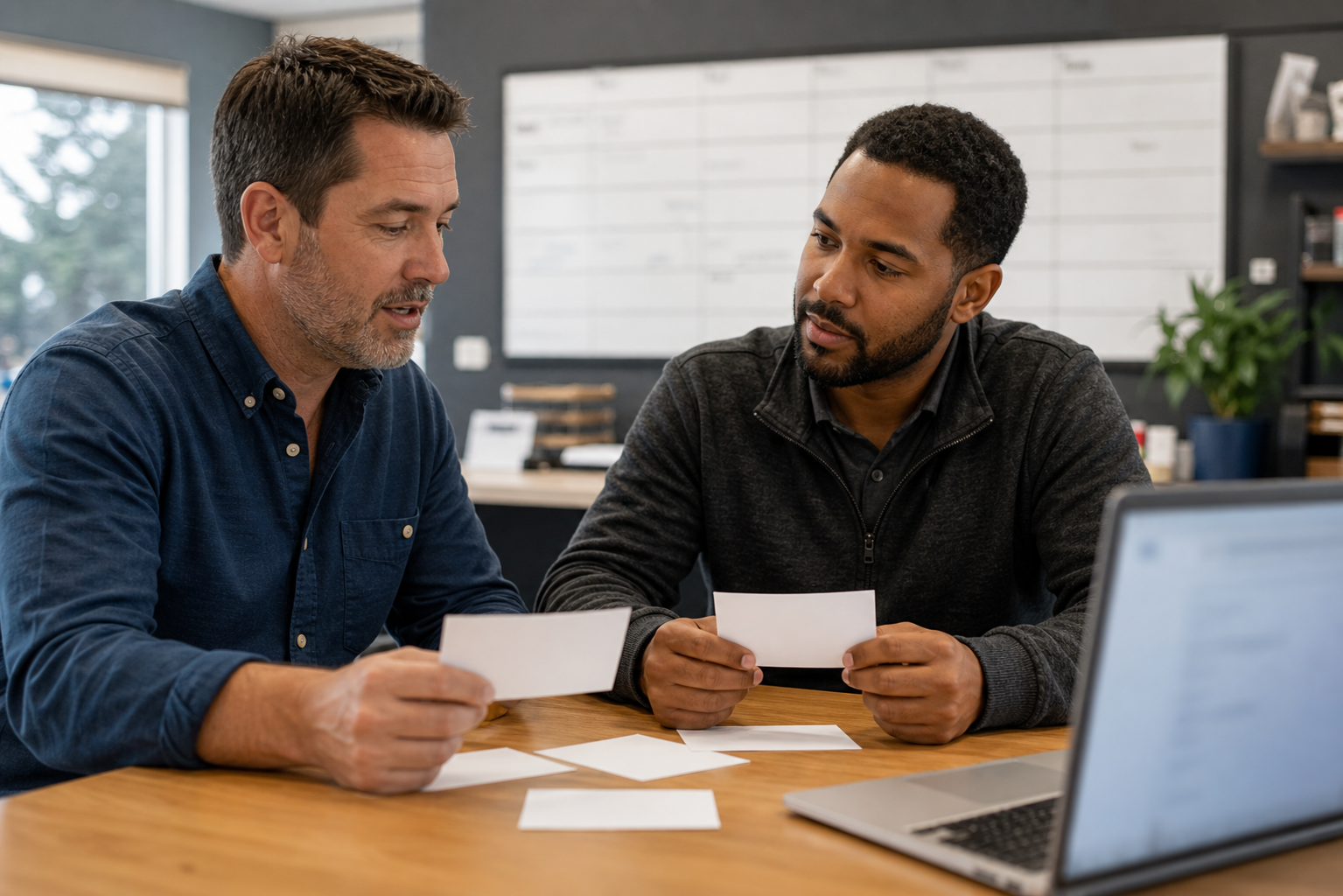 Local service business owner reviewing blank service page checklist cards