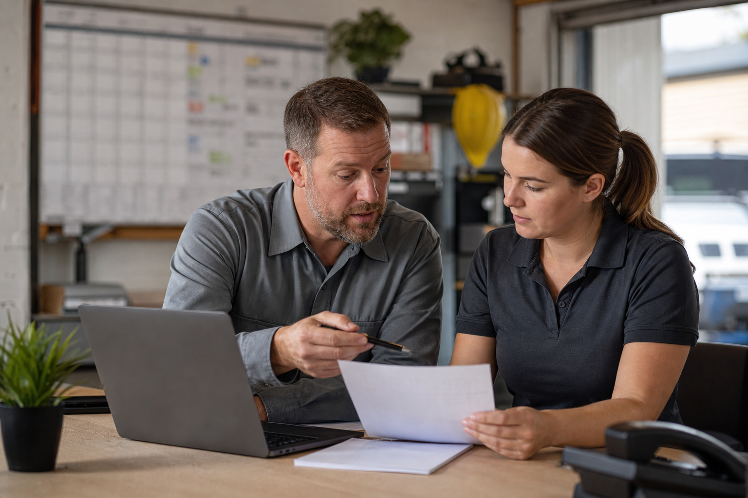 Local home services business owner and office manager reviewing service page questions