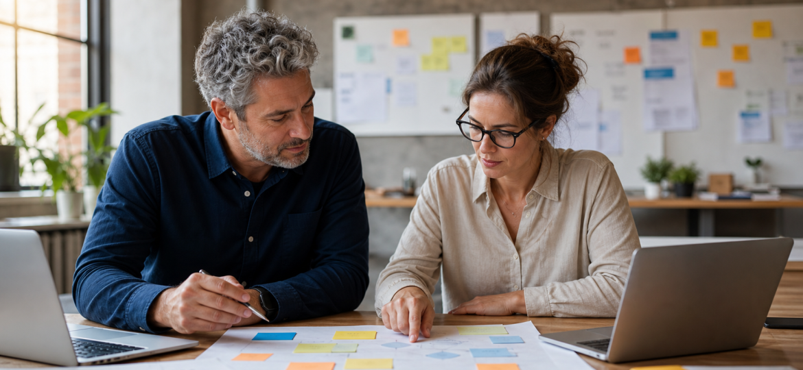 Small business owner and operations lead planning a transition from manual processes to AI-assisted workflows