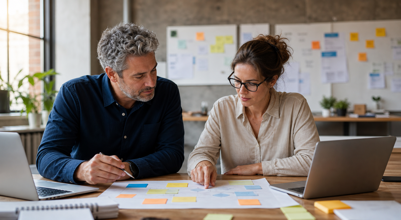 Small business owner and operations lead planning a transition from manual processes to AI-assisted workflows