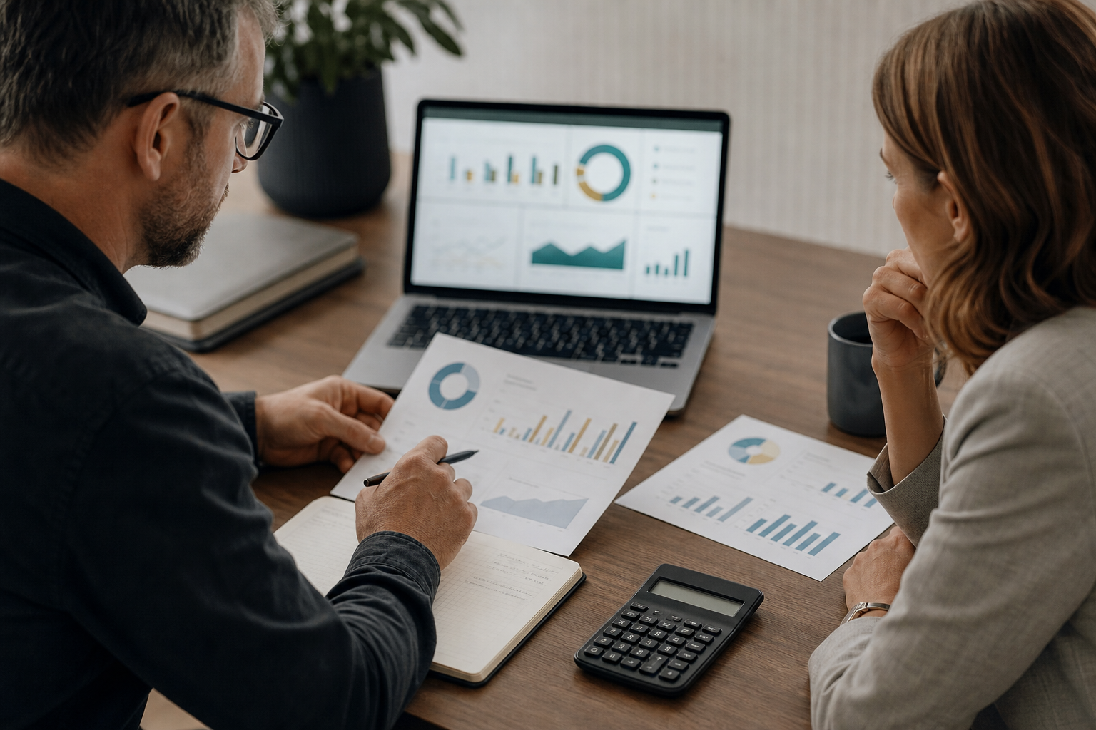 Small business leadership pair reviewing operational metrics after introducing AI first workflows