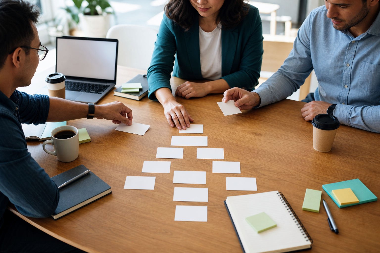 Small business team sorting blank inquiry cards into a clear lead intake workflow on a meeting table