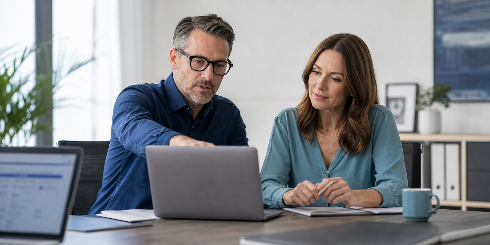 Small business owner and technical advisor reviewing crawler access decisions for AI search visibility