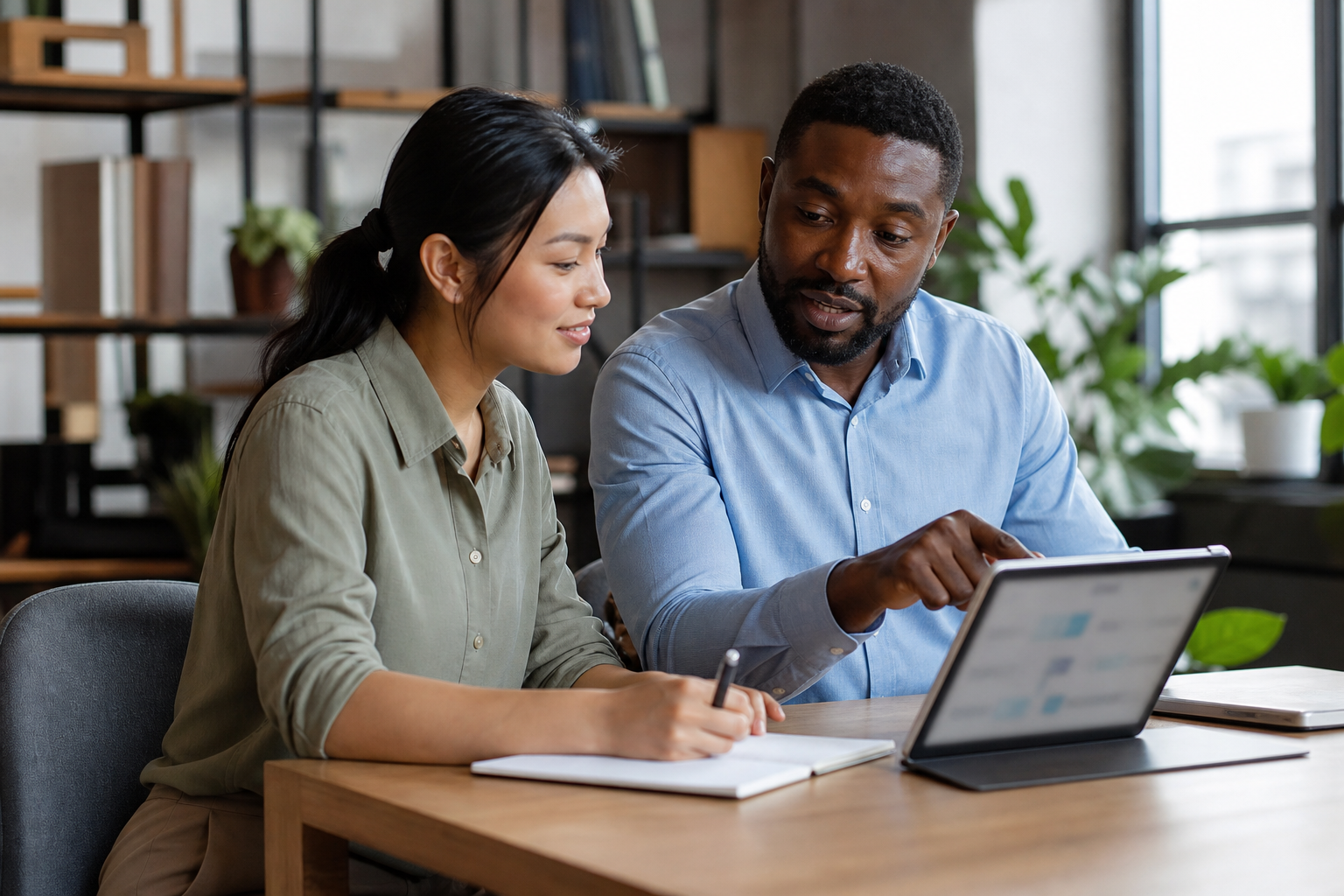 Experienced employee mentoring a new hire through AI-assisted onboarding knowledge on an unreadable tablet