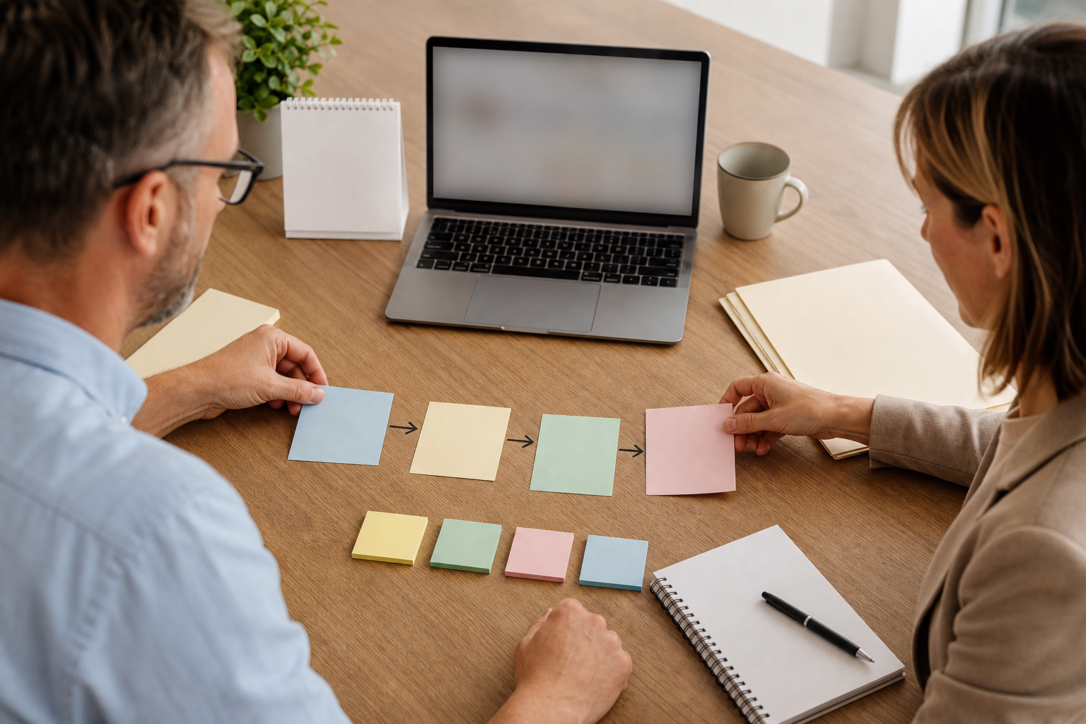 Small business owner and assistant arranging blank cards into an overdue invoice follow-up sequence