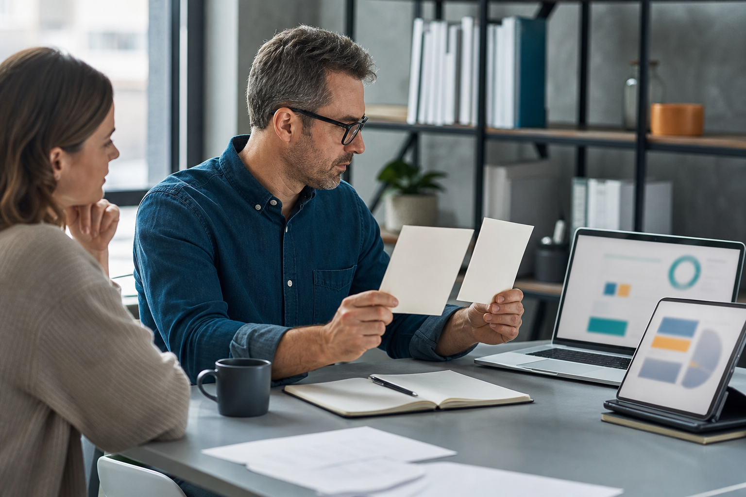 Small business owner reviewing blurred social media performance charts after using an AI-assisted posting workflow