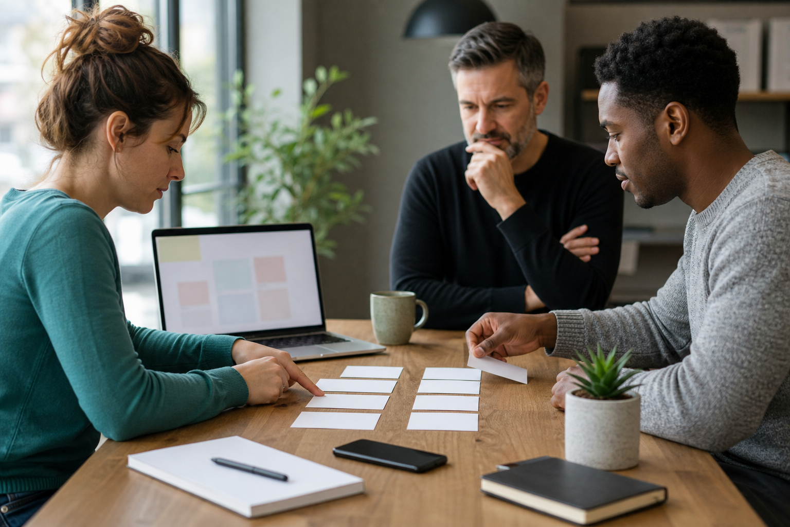 Small business team arranging blank post cards into a weekly AI-assisted social media posting queue