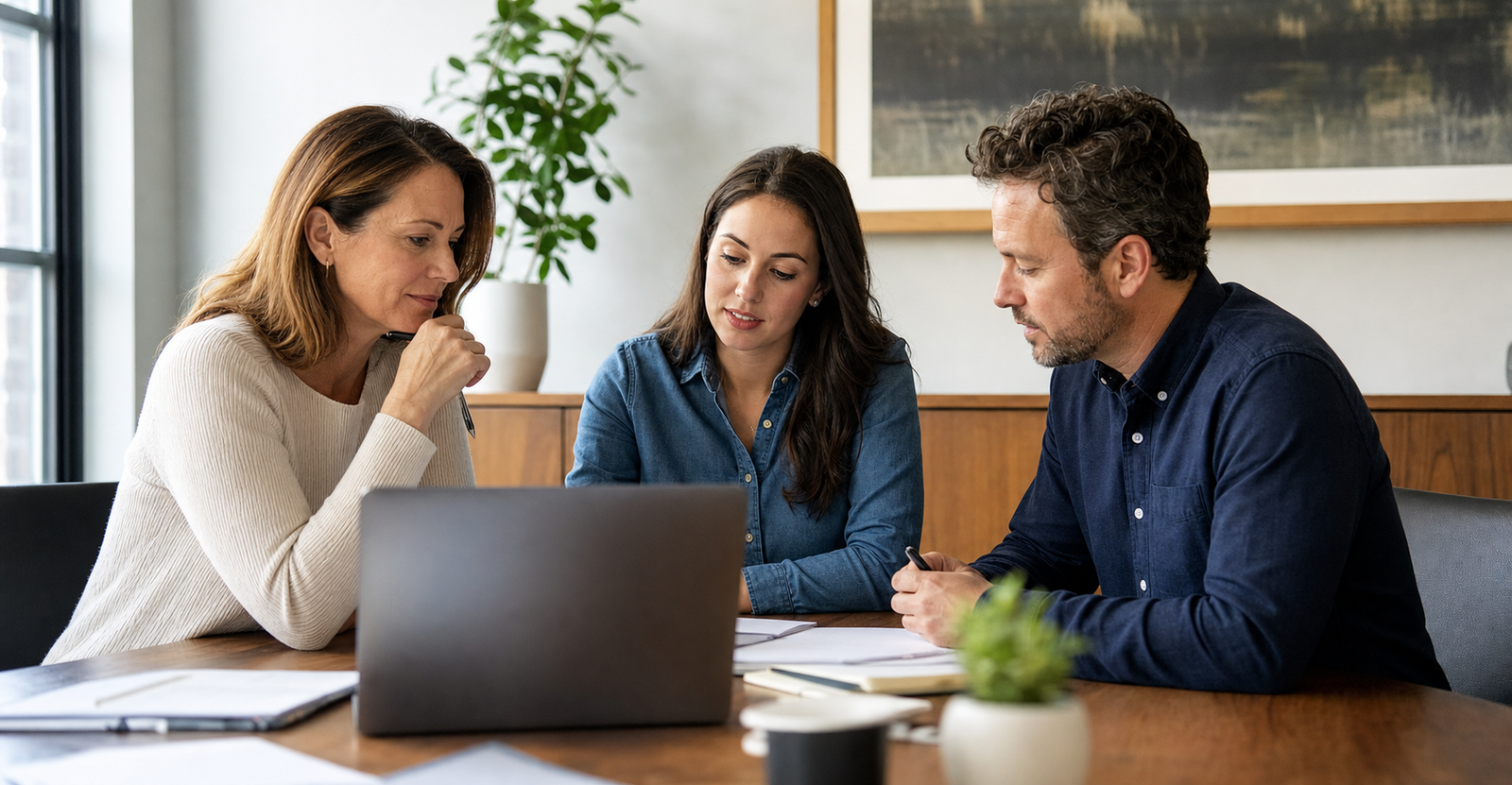 Small business team preparing a useful pre-call brief with blurred notes and laptop