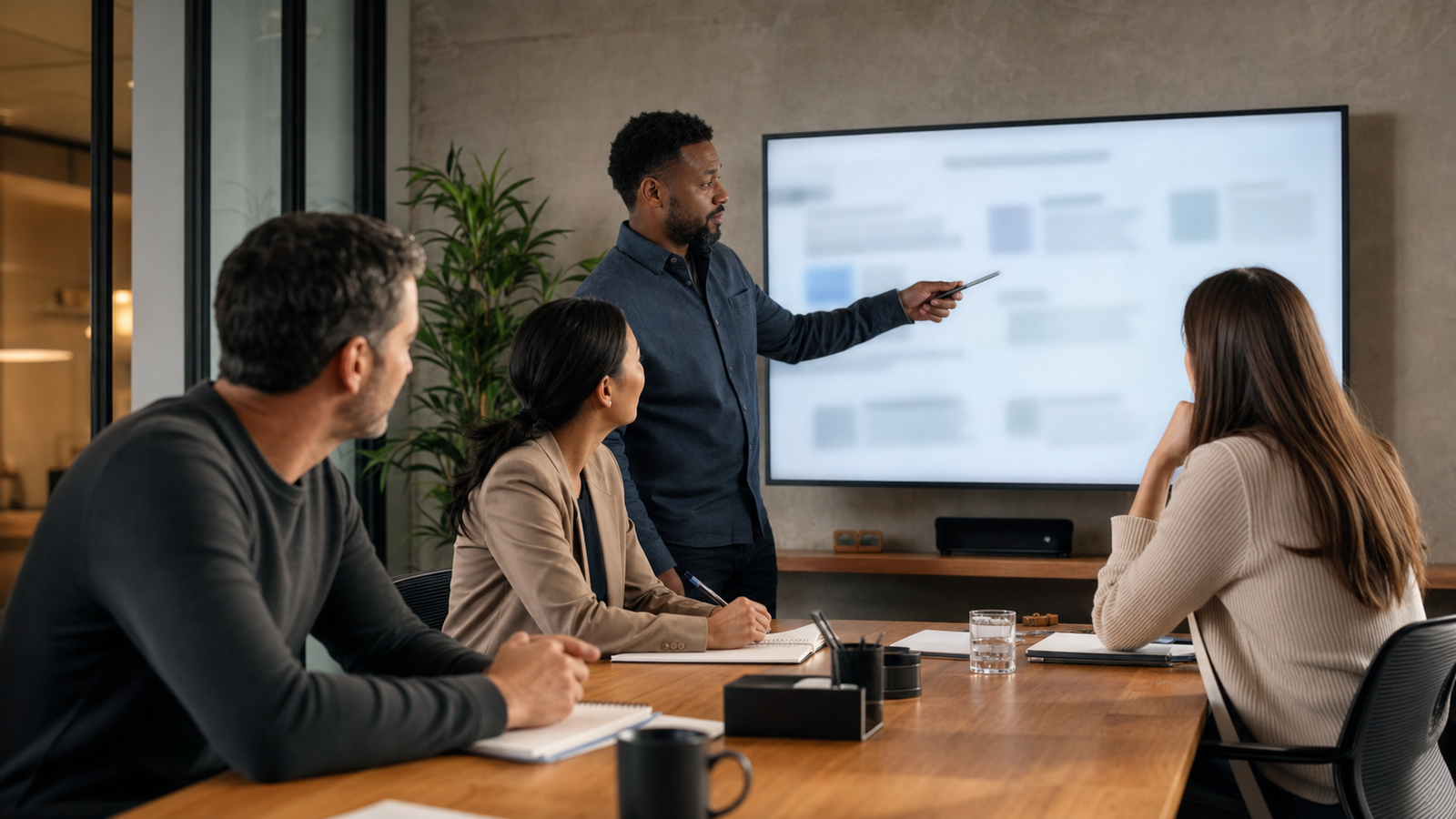 SMB team reviewing repeatable AI search prompt test results on blurred screens