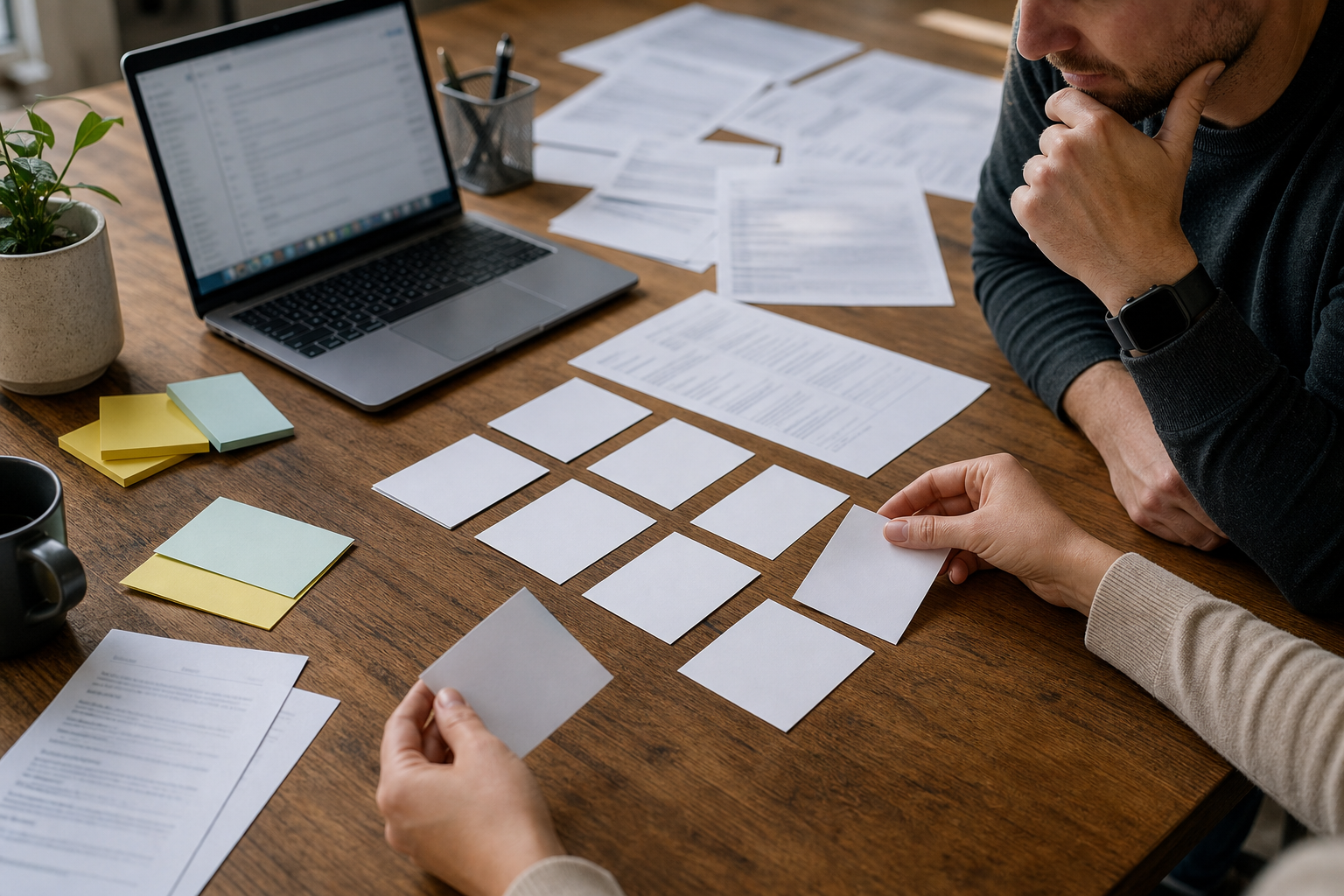 Small business team sorting blank proposal intake cards into a clear quote workflow
