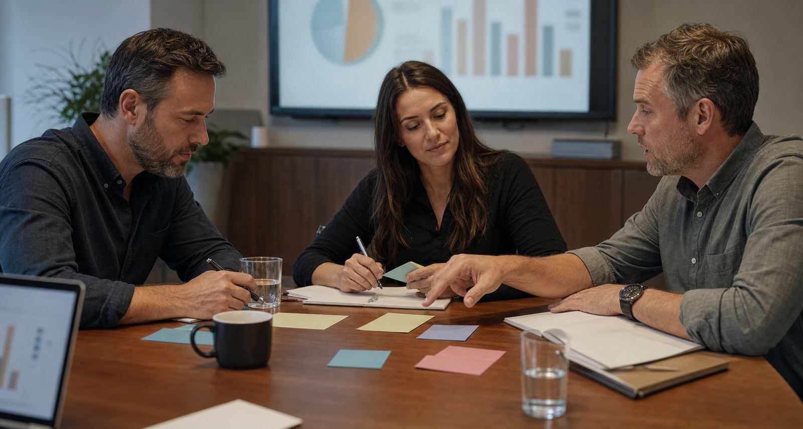 Small business team reviewing blurred proposal performance charts and blank notes