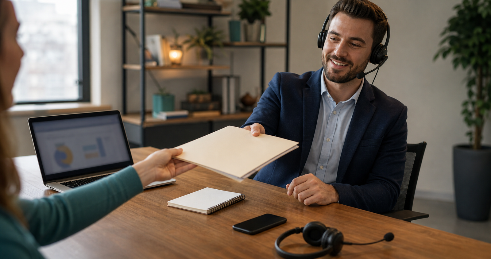 Sales representative receiving a blank folder before a qualified lead call with a blurred laptop screen in the background