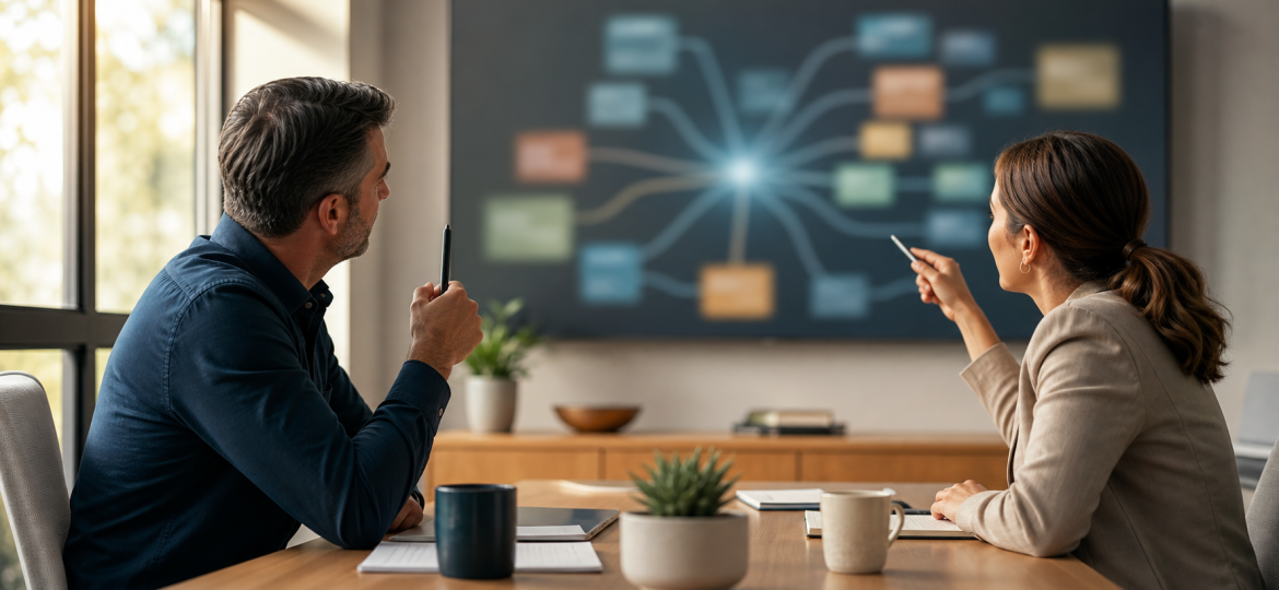 Small business owner and consultant reviewing an abstract query fan-out planning map
