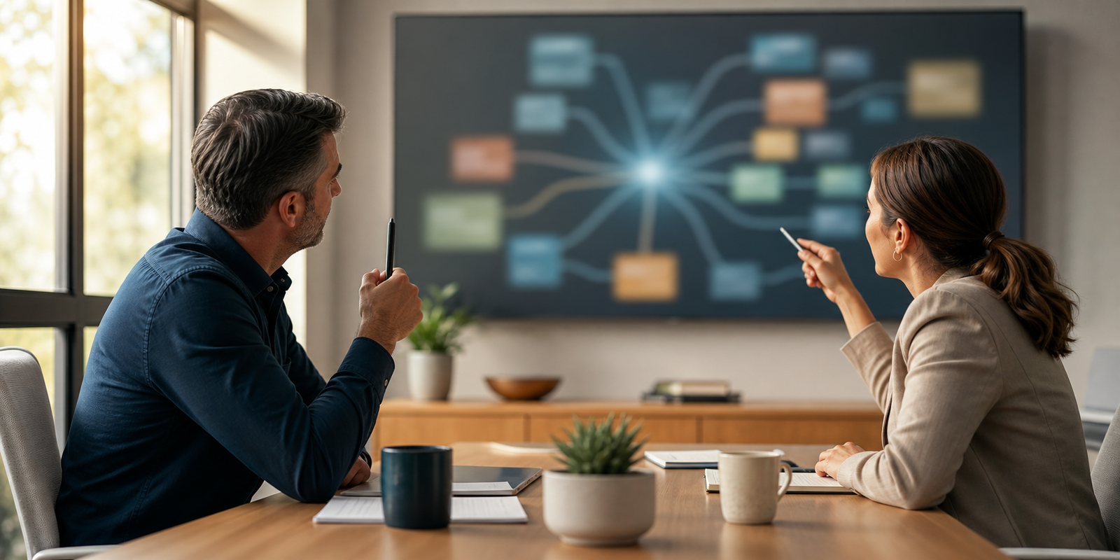 Small business owner and consultant reviewing an abstract query fan-out planning map