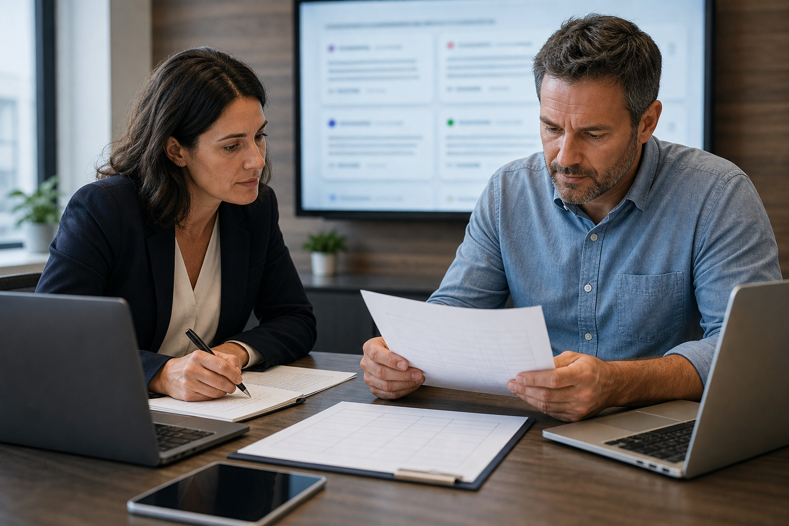 Business owner reviewing blank cards that represent related buyer questions and source discovery