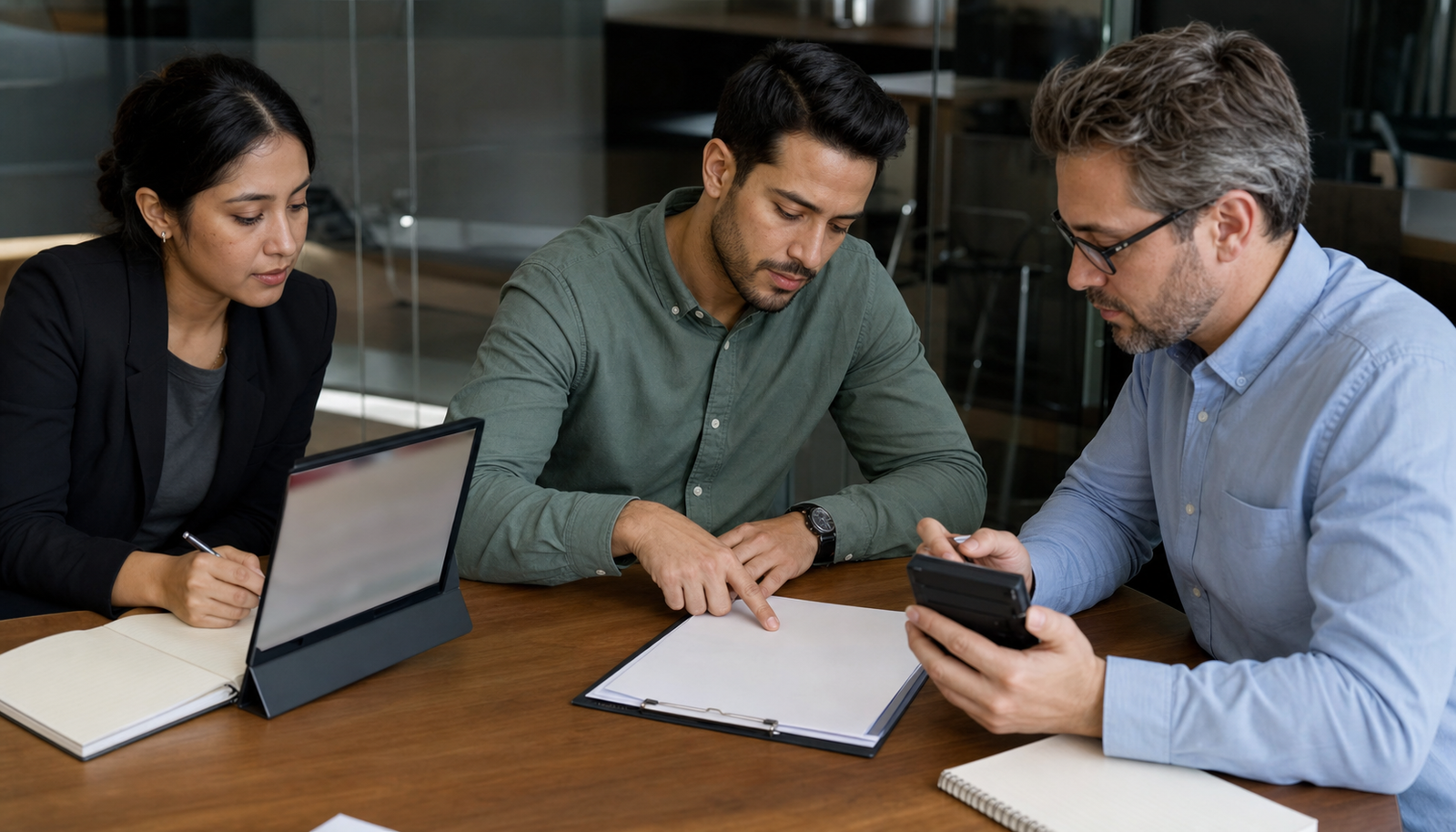 Small business team reviewing blank quote assumptions and proposal inputs around a meeting table