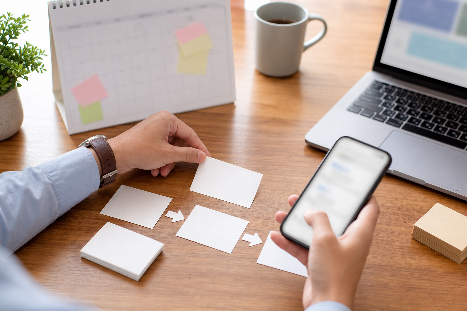 Small business owner arranging blank reminder cards beside a blurred calendar and smartphone