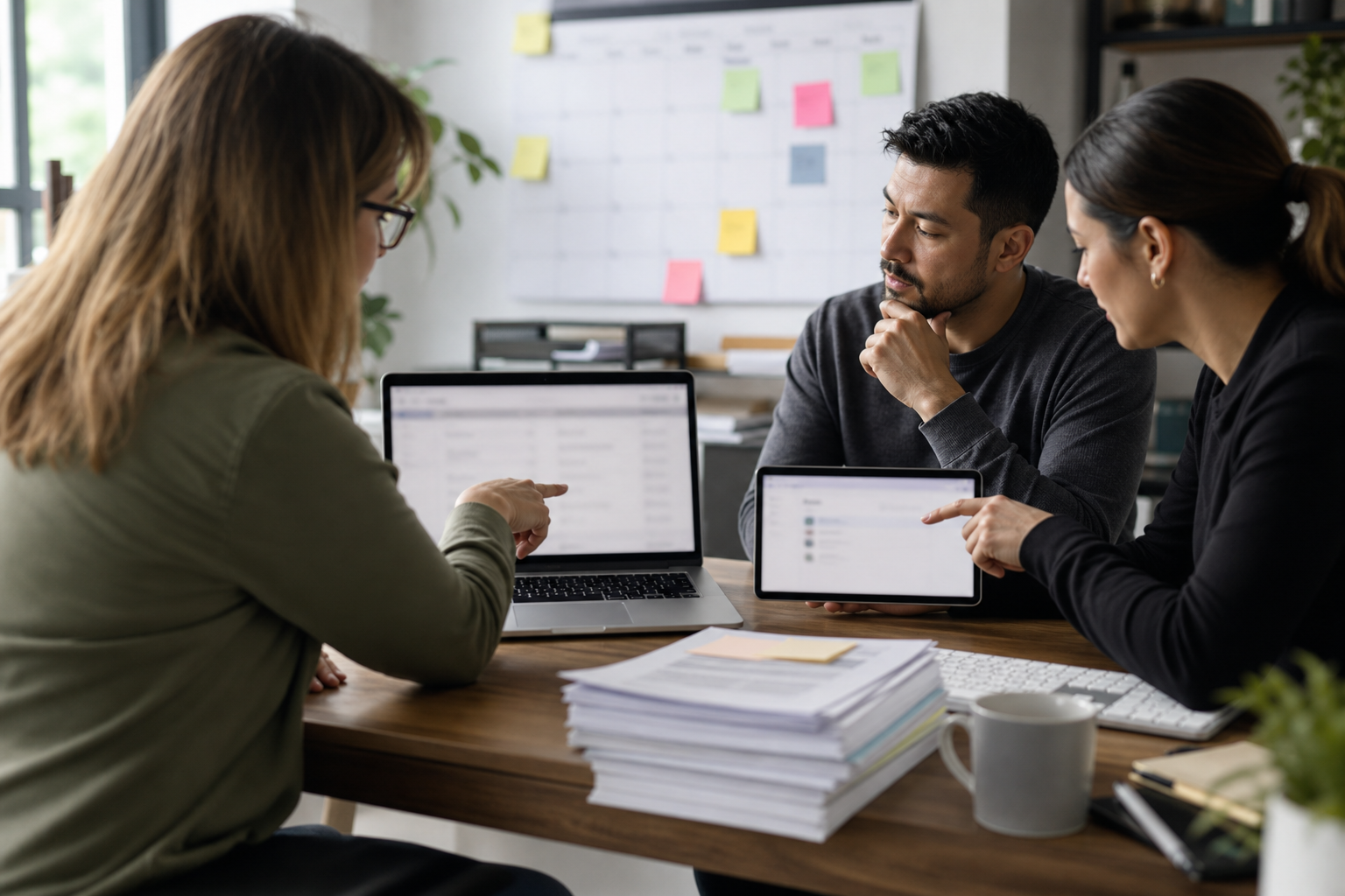 Small business team preparing clean inputs for weekly AI reporting automation with blurred screens and unreadable papers