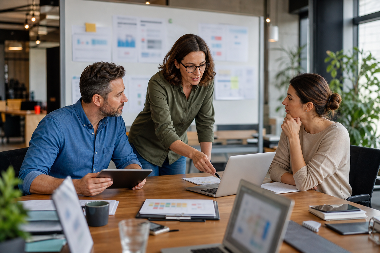 Small business managers aligning weekly reporting responsibilities across sales finance and operations with blurred workflow cards