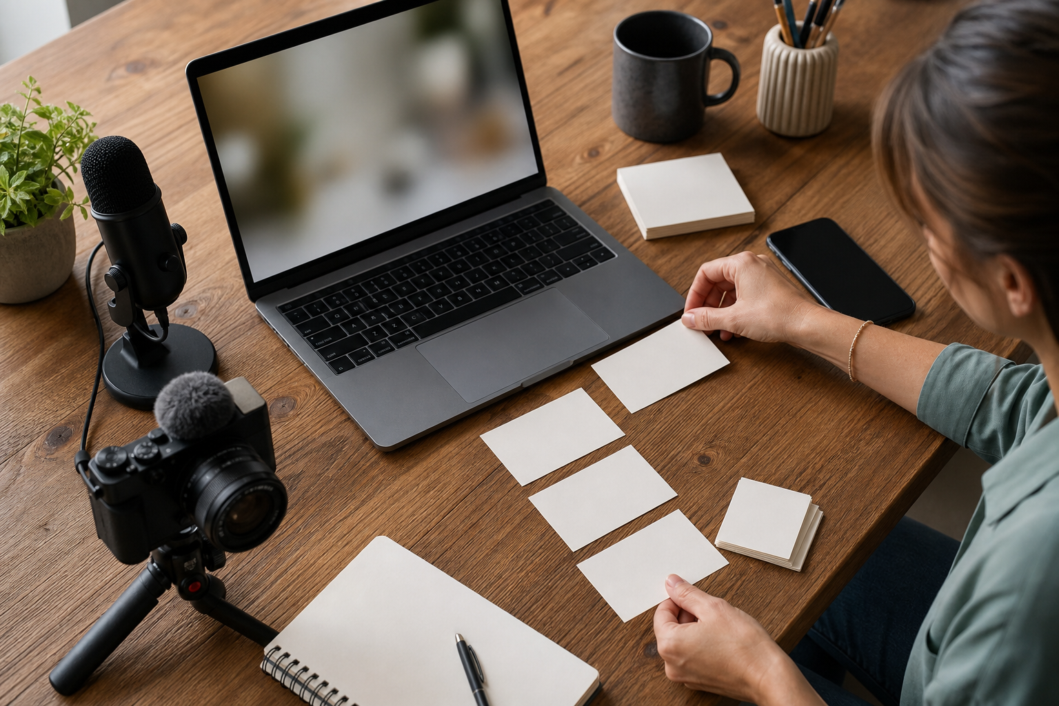 Marketing coordinator arranging blank cards beside recording equipment to turn one idea into multiple content assets
