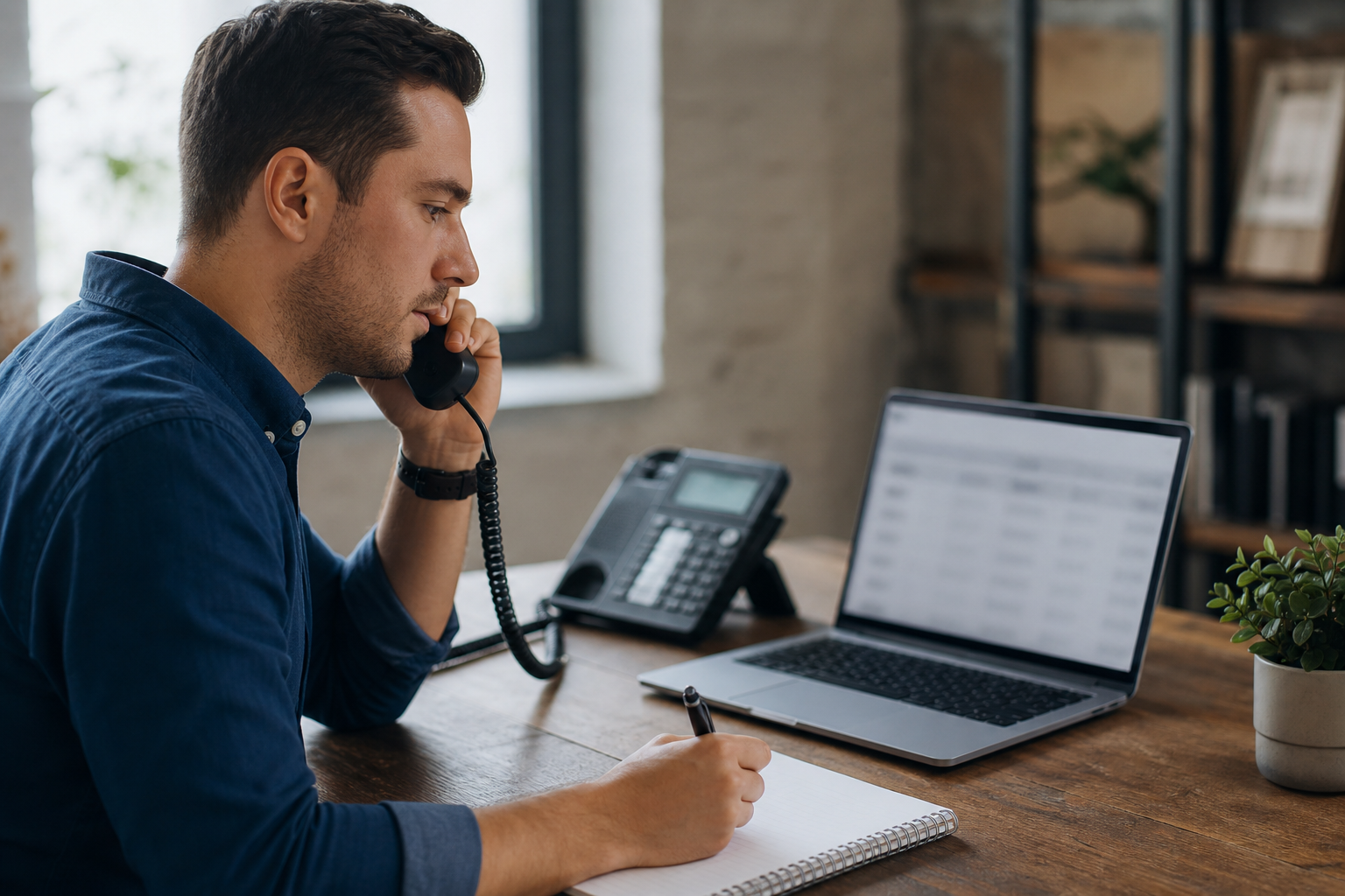 Sales rep making a thoughtful follow-up phone call while viewing an unreadable lead summary