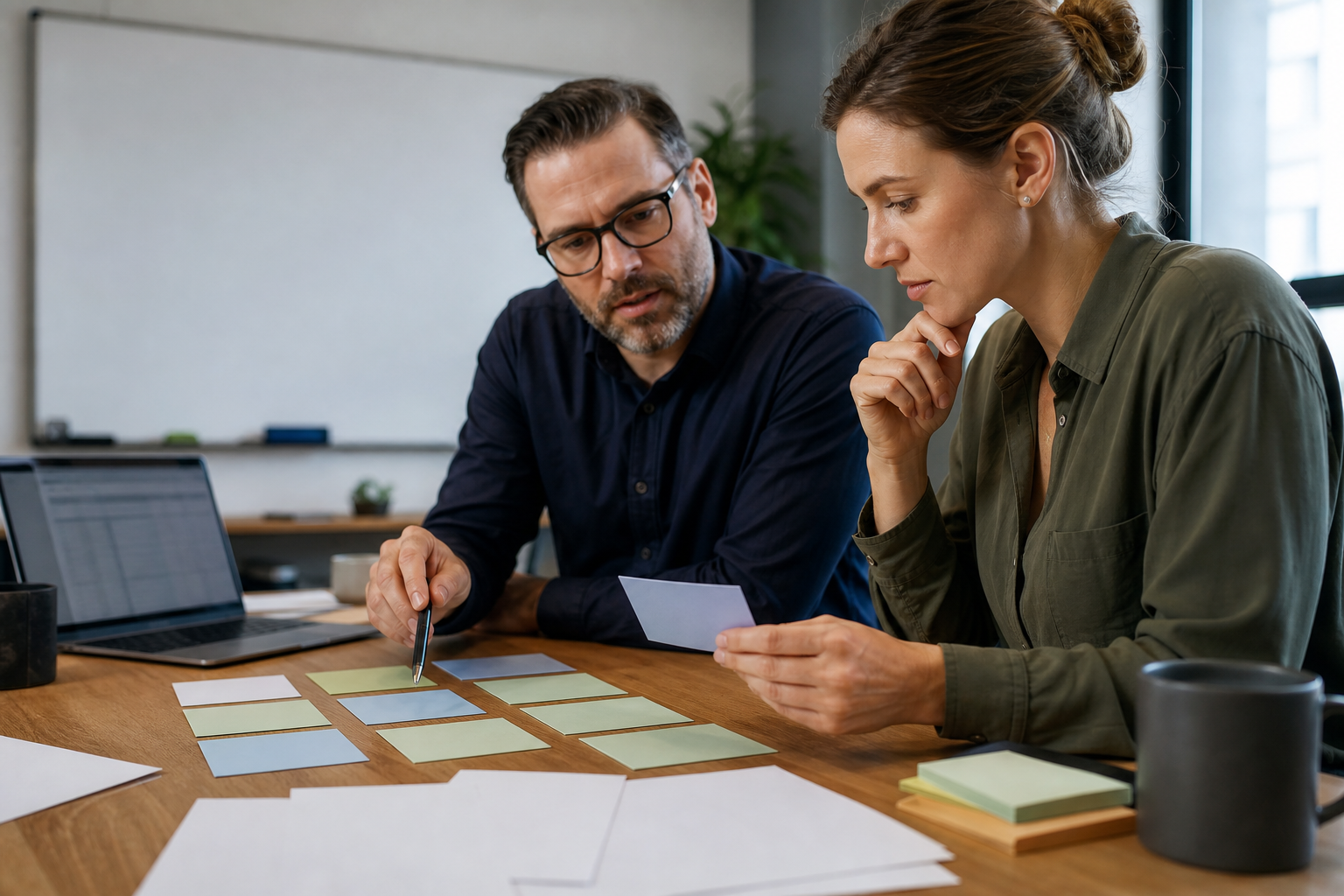 Small business sales leader and teammate reviewing blank cards and an unreadable spreadsheet while defining lead qualification criteria