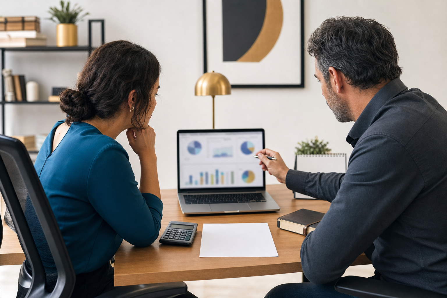 Small business leaders reviewing blurred sales pipeline charts and a blank document while measuring lead quality