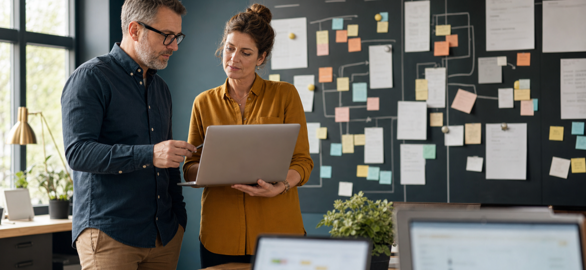 Small business owner and operations lead reviewing an AI-first workflow plan for scaling operations