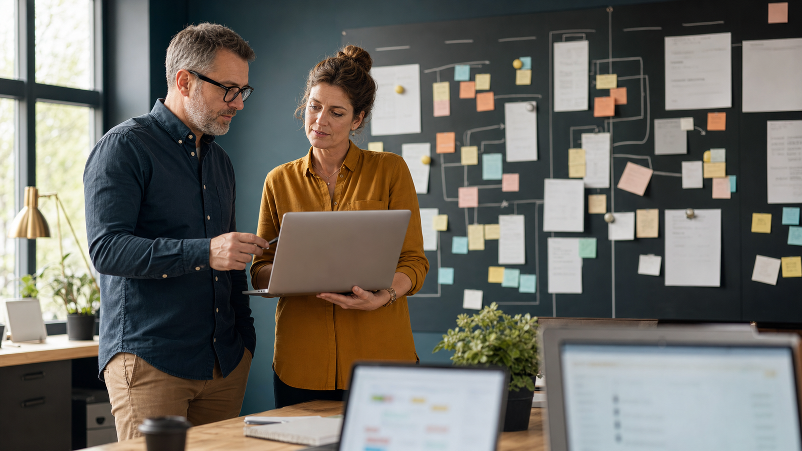 Small business owner and operations lead reviewing an AI-first workflow plan for scaling operations