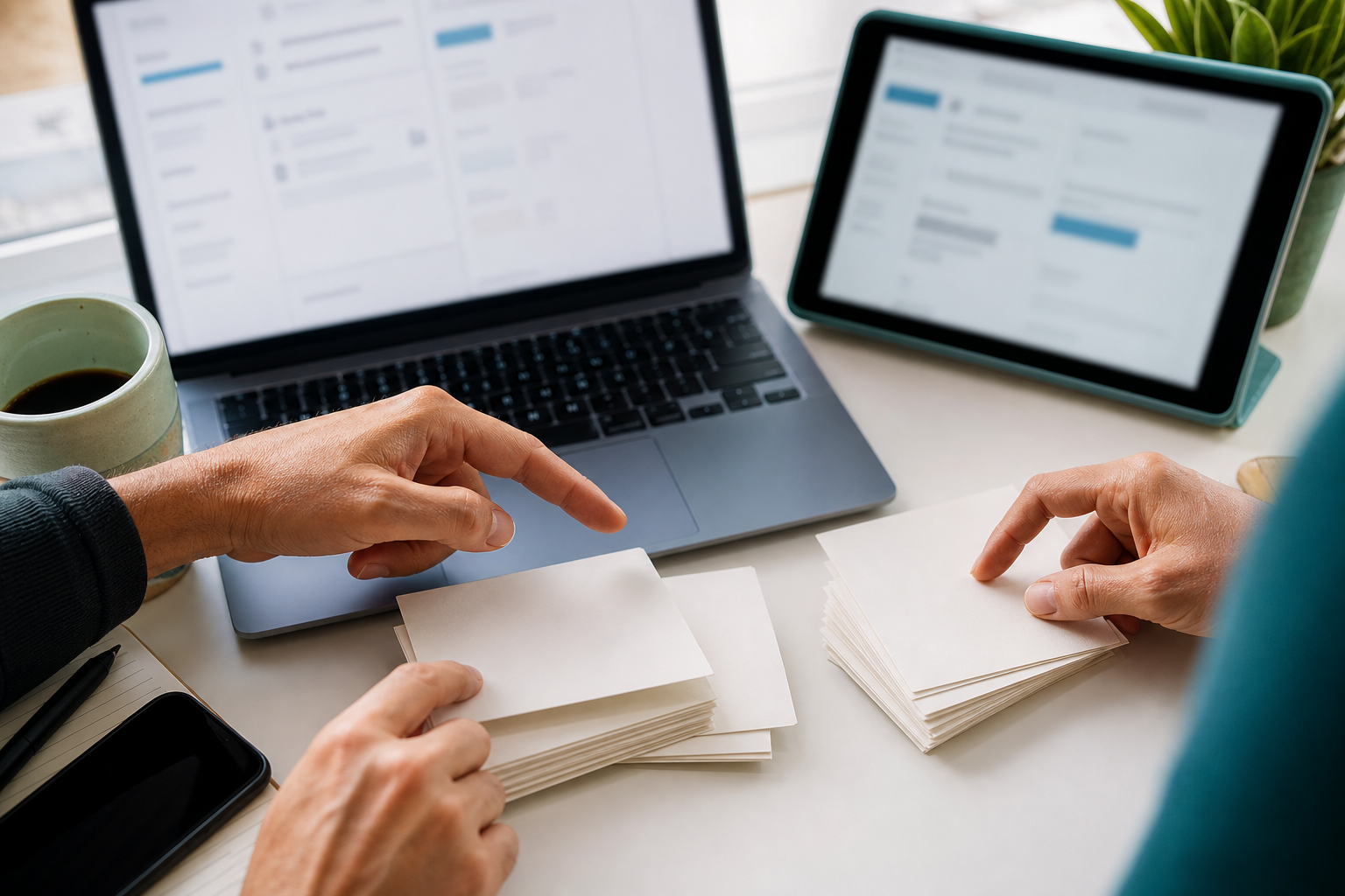 Business owner and web specialist comparing AI search and training policy cards