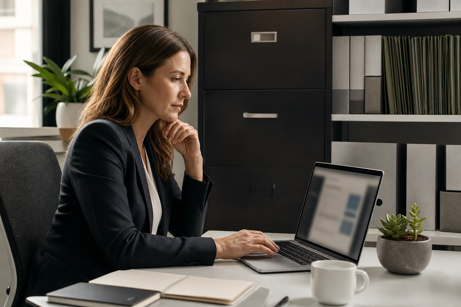 Operations manager reviewing secure document retention and access control with blurred laptop screen