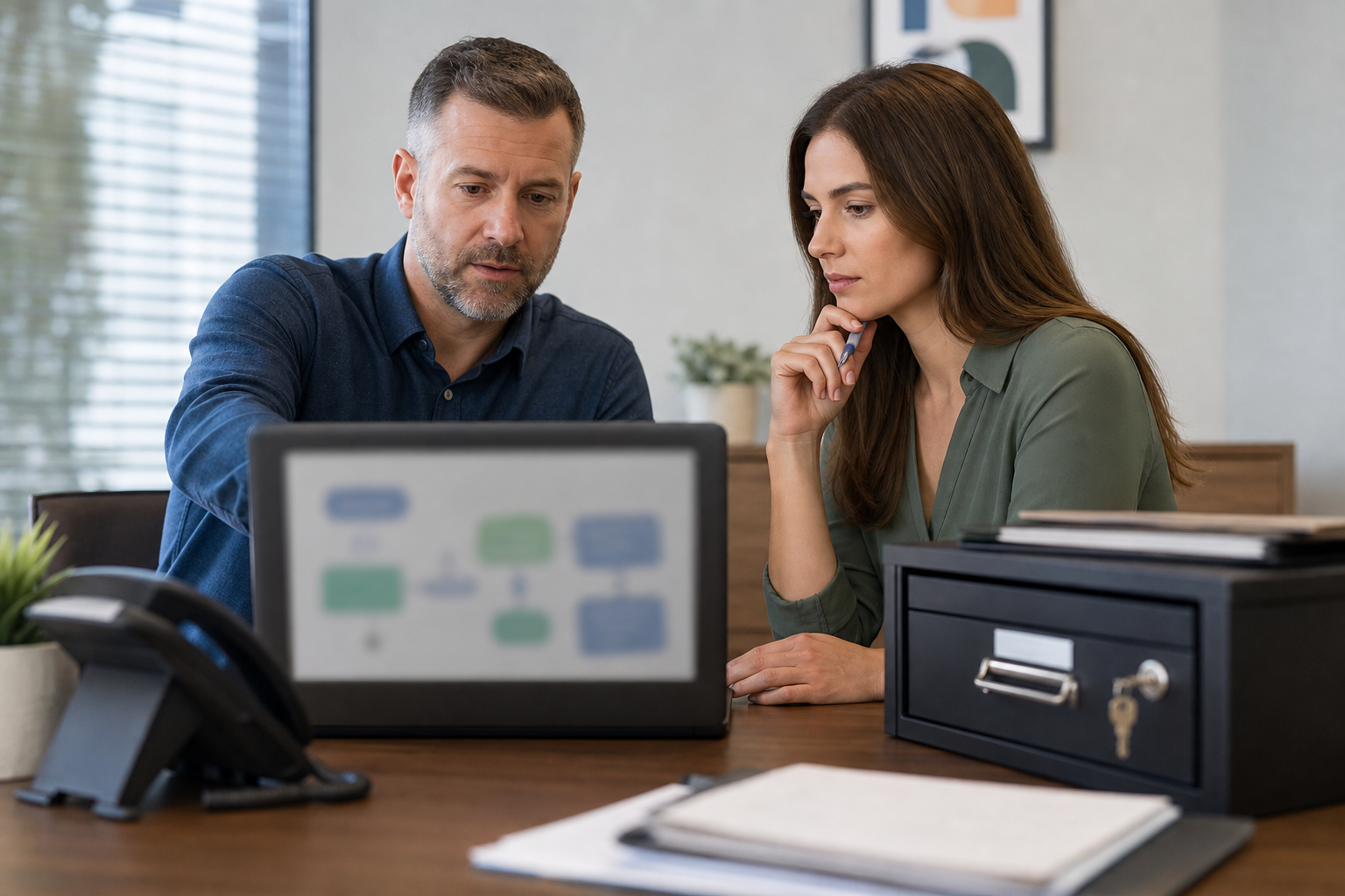 Small business team reviewing secure client intake data with blurred workflow screen and locked file storage