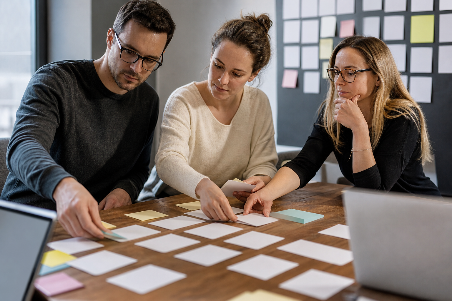 Small business team mapping service pages and buyer questions with blank cards