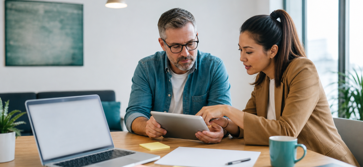 Small business owner and AI advisor reviewing a service page structure plan