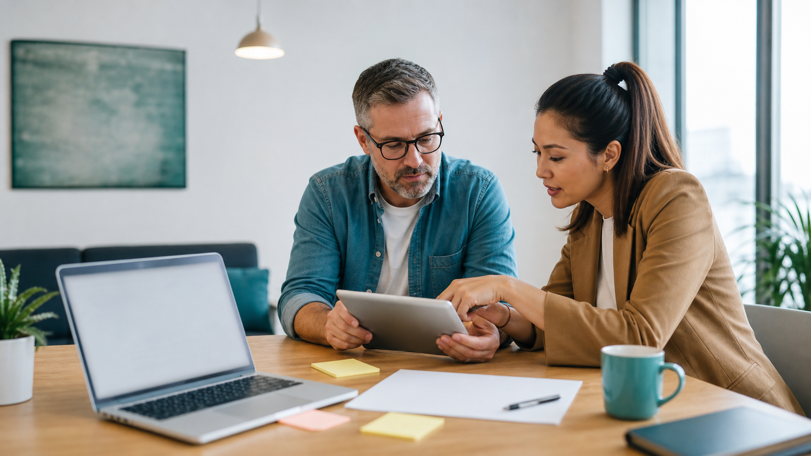 Small business owner and AI advisor reviewing a service page structure plan