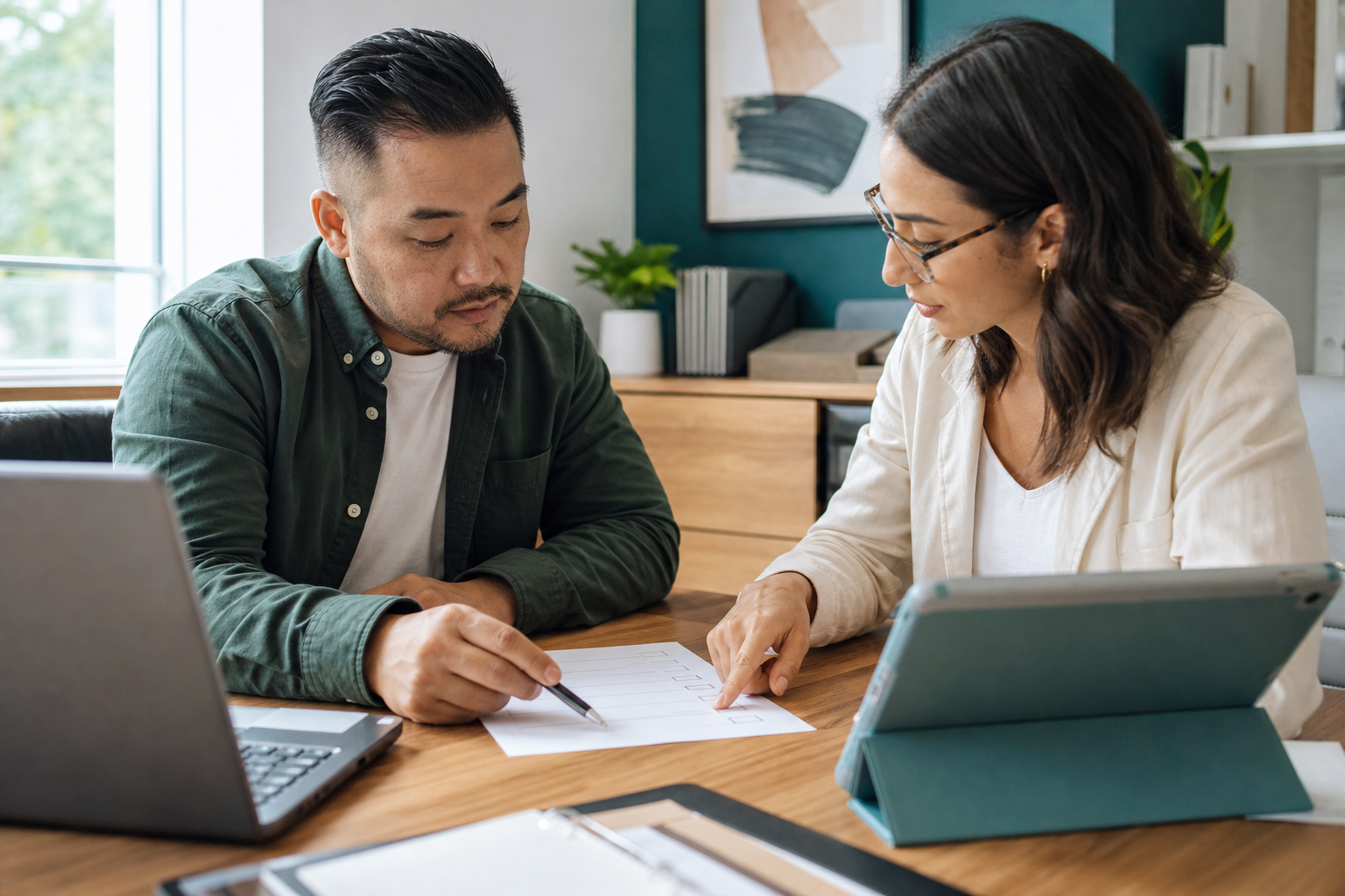 Small business owner and consultant reviewing a service page clarity checklist