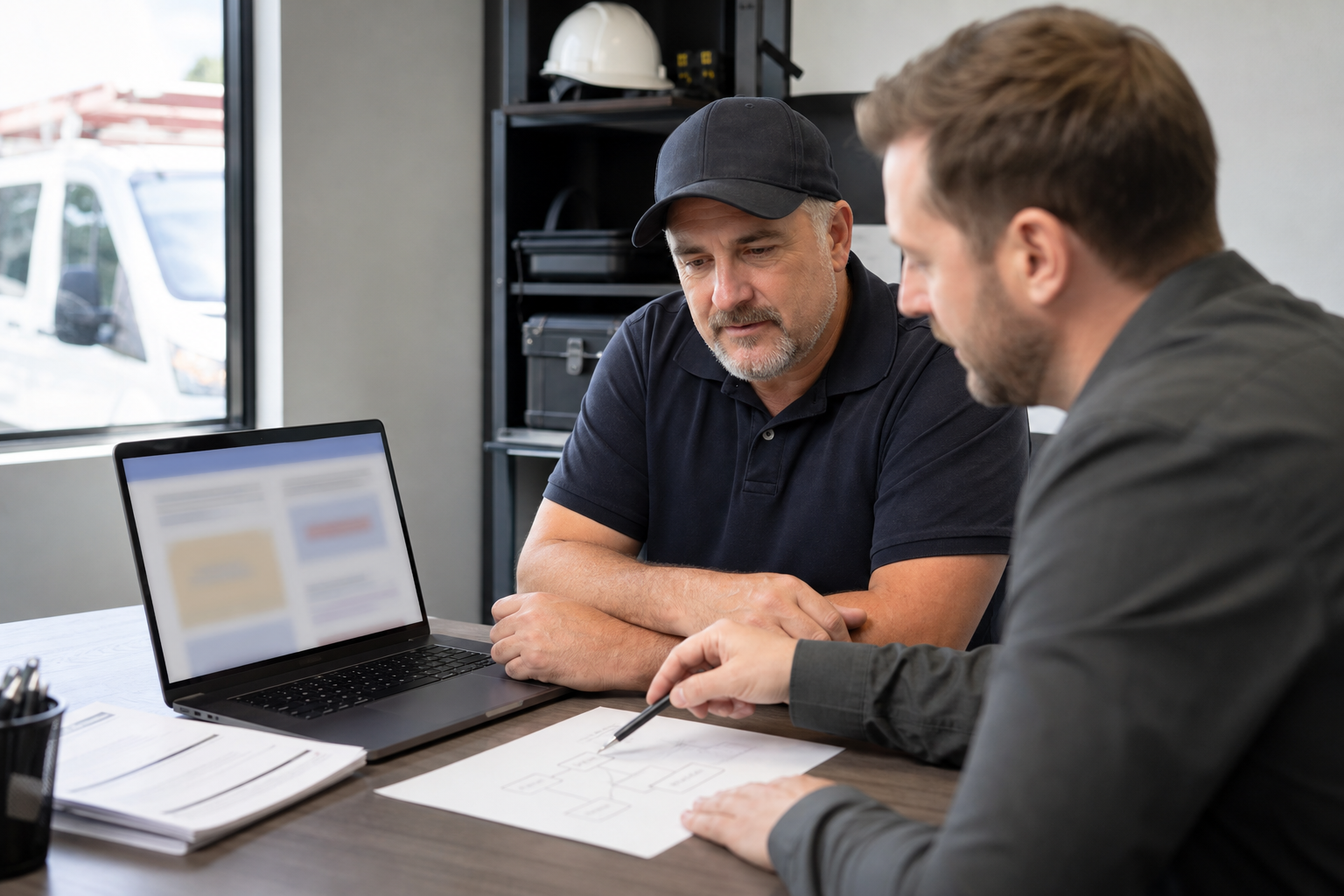 Local service business owner and advisor reviewing a blurred website service page for AI search clarity